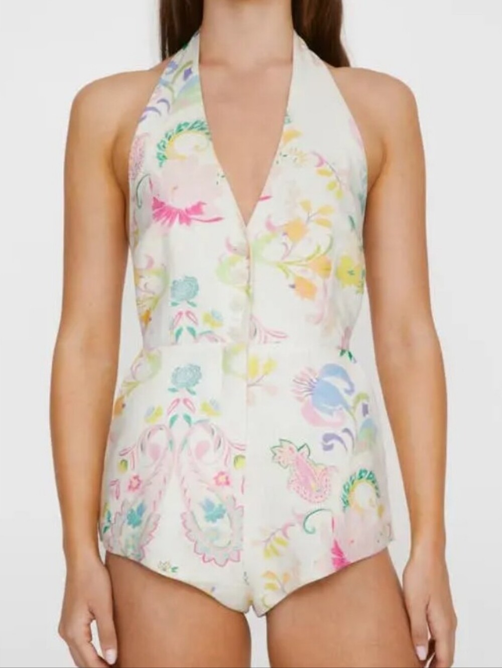 Nasty Gal Pink Floral Button Front Halter Romper
